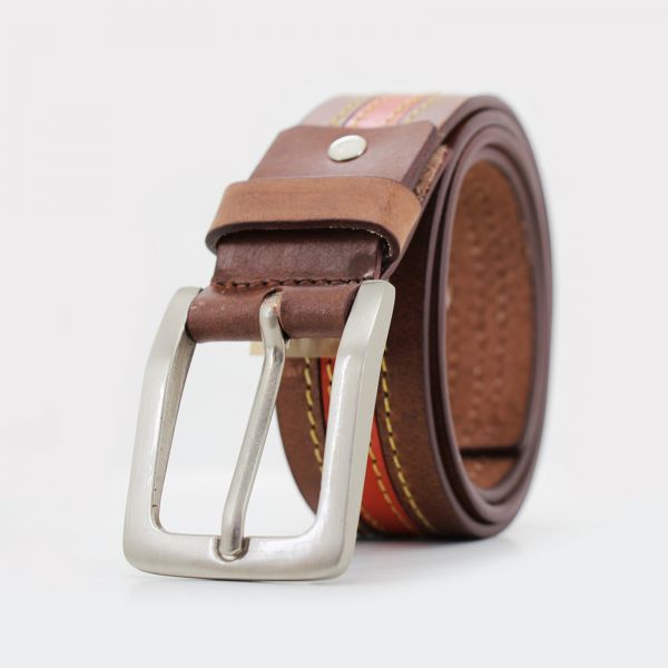Mens Leather Jeans Belt with Brushed Silver Buckle