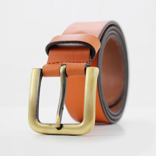 Mens Leather Jeans Belt with Brushed Brass Buckle