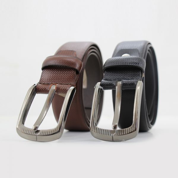 Mens Leather Dress Belt with Brushed Silver Buckle