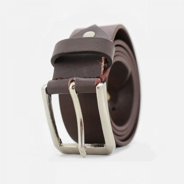 Mens Leather Jeans Belt with Brushed Silver Buckle